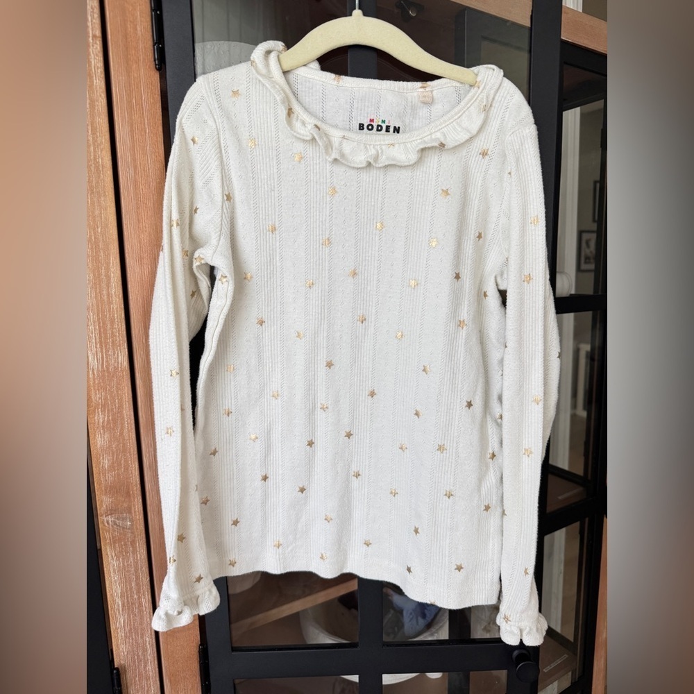 Mini Boden pointelle girls sweater stars metallic ruffle neck long sleeve top